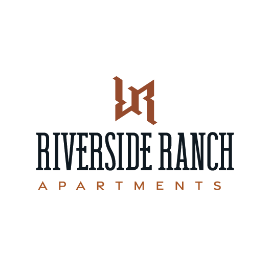 Riverside Ranch Apartments logo with orange symbol above the black text and then orange text under the black text.